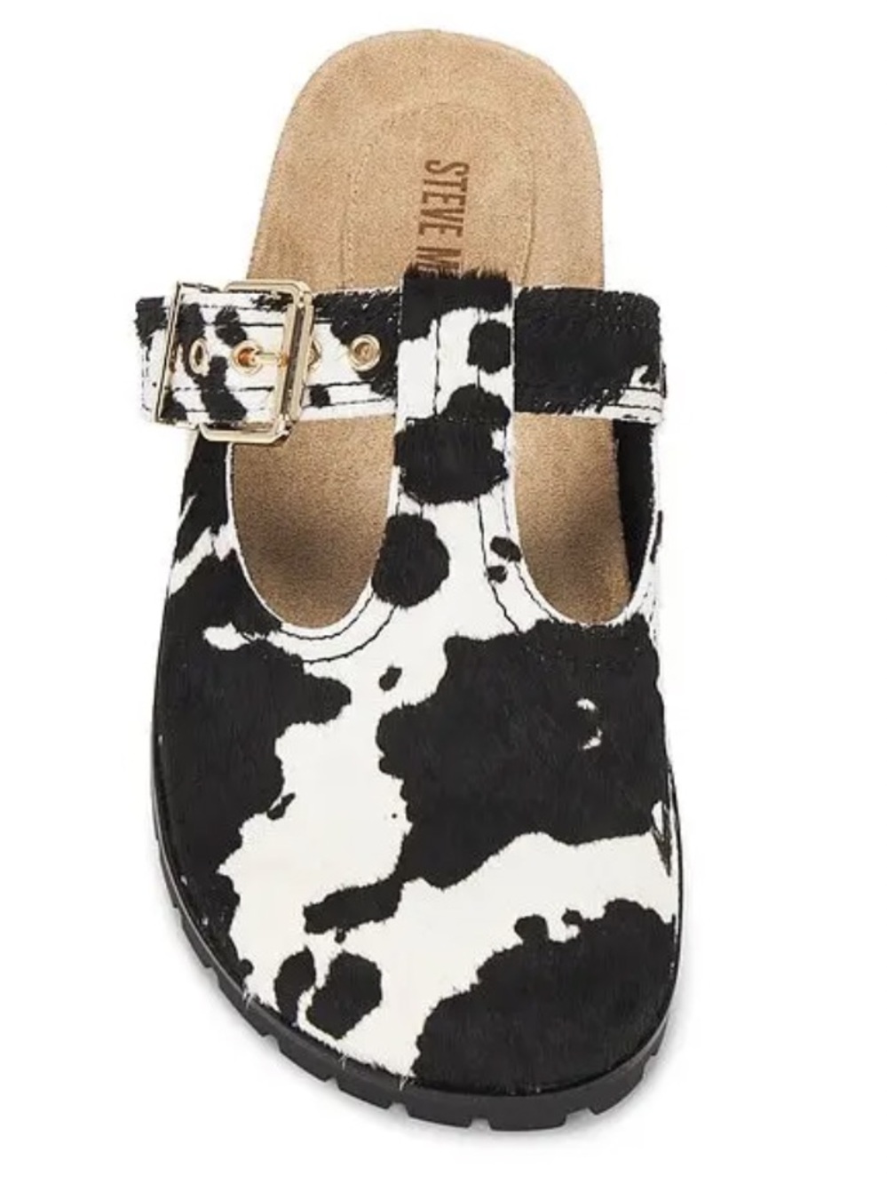 Steve Madden ‘Atticus’ Black & White Cow Print Calf Hair T-Strap Buckle Clogs